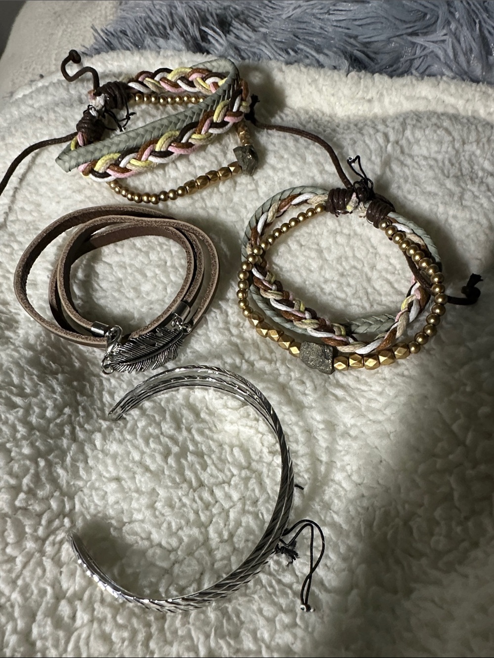 4PCS Boho Multi-Strand 2Pink Gold adjustable Braided 1 Leather 1 silverBracelet